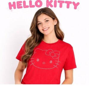 Hello Kitty Rhinestone Youth XL (14) Red Short Sleeve Baby Tee Shirt fit Cotton